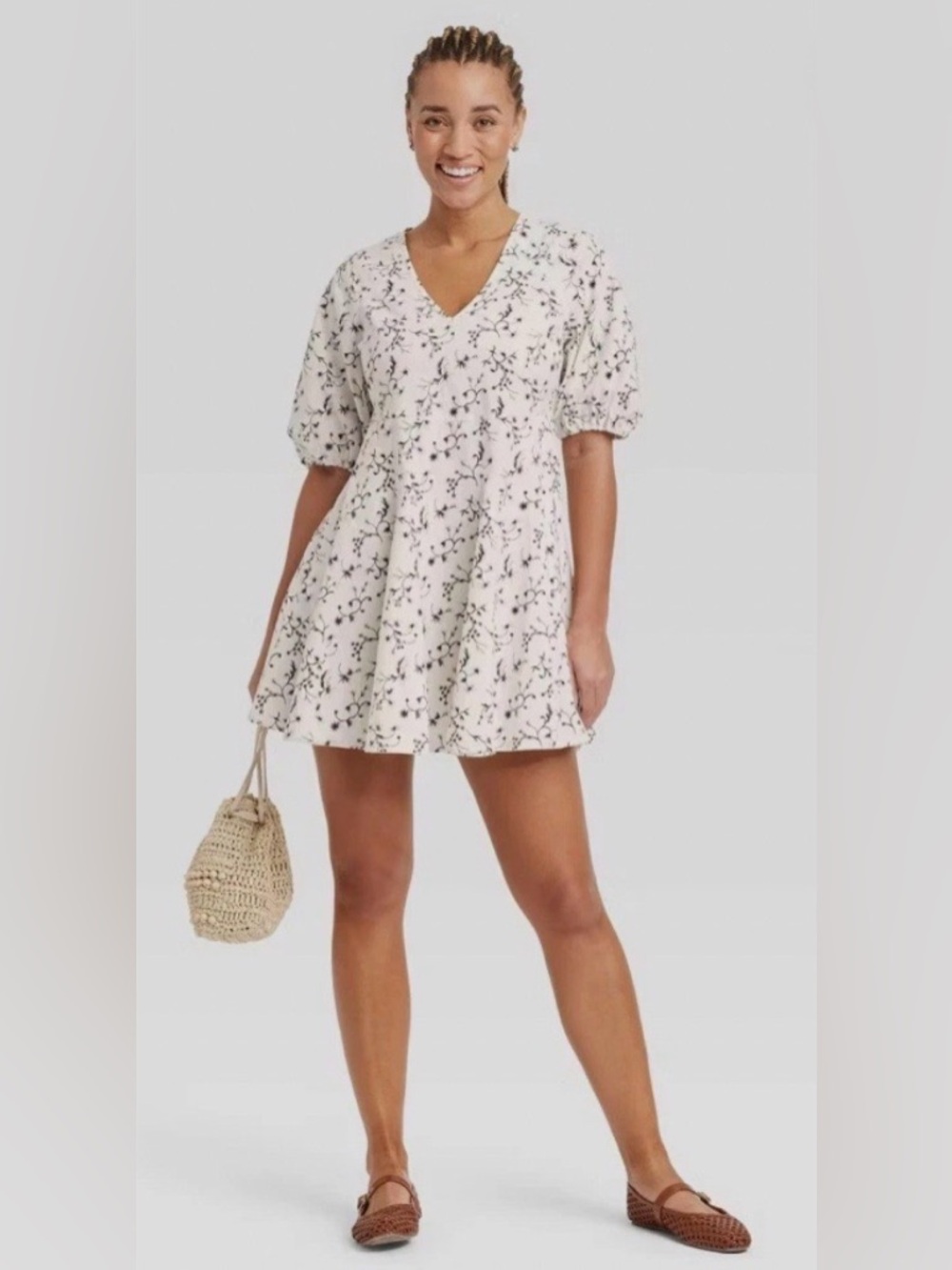 Universal Thread Women's White Floral V-Neck Puff Sleeve Mini Dress (NWT) Small